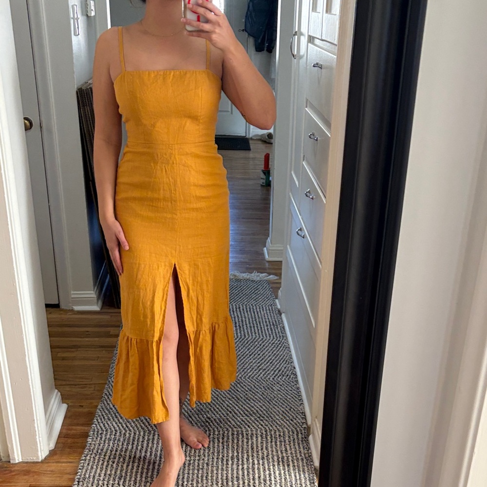 Reformation linen Mustard Midi Dress with front Slit